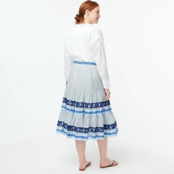 J.CREW Blue & White Block Print Lined Tiered Floral Midi Skirt Size Small - Picture 3 of 8